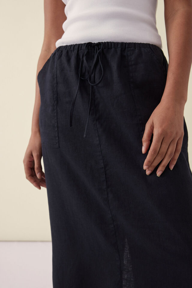 Patch Pocket Midi Skirt, BLACK LINEN