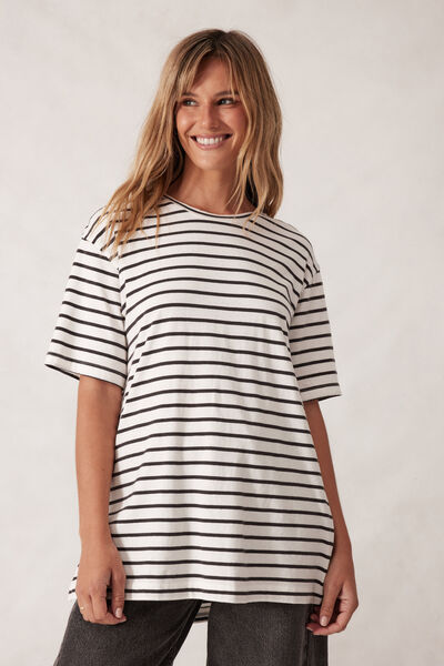 Lola Longline Step Hem Tee, VANILLA /PHANTOM FINE STRIPE