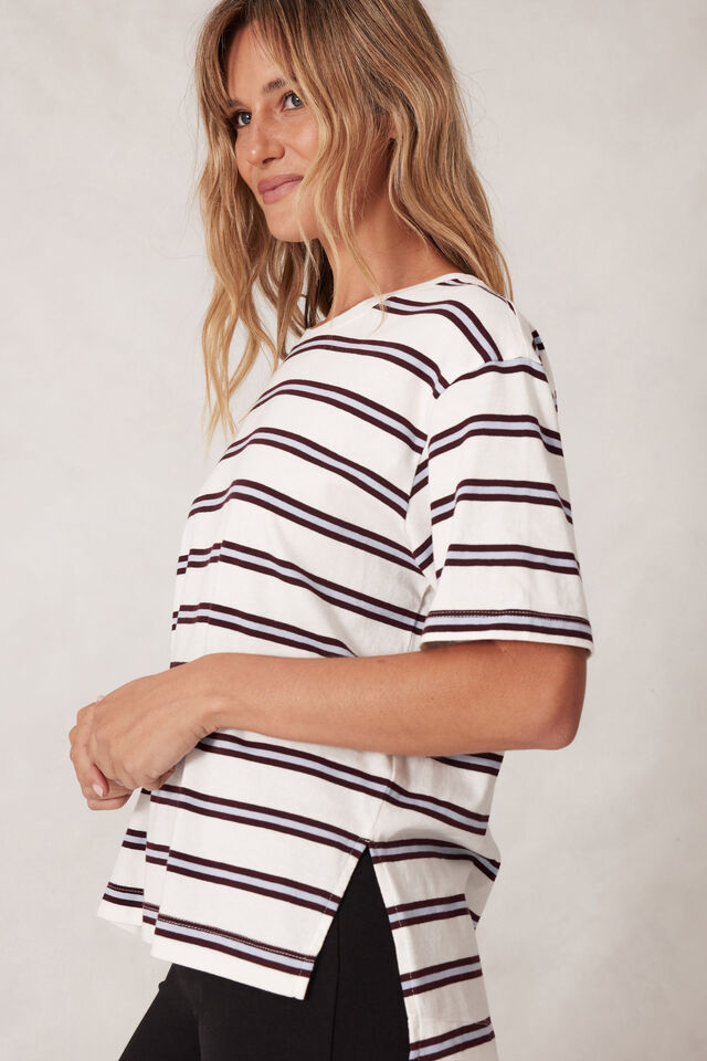Stevie Slouchy Split Hem Tee, VANILLA/WINE RETRO STRIPE