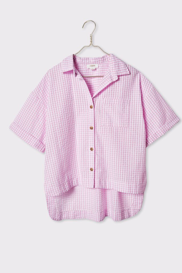 Relaxed Short Sleeve Shirt In Rescued Fabric, SUMMER PINK GINGHAM