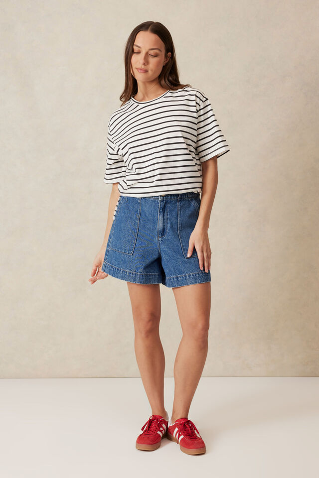 Longline Step Hem Tee, VANILLA /PHANTOM FINE STRIPE