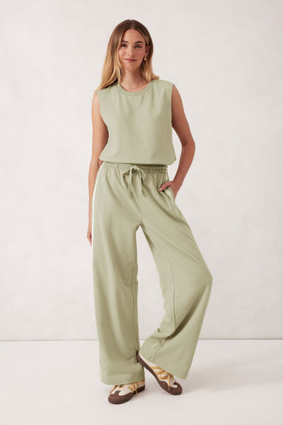 Gigi Wide Leg Terry Trackpant, MATCHA SIDE STRIPE