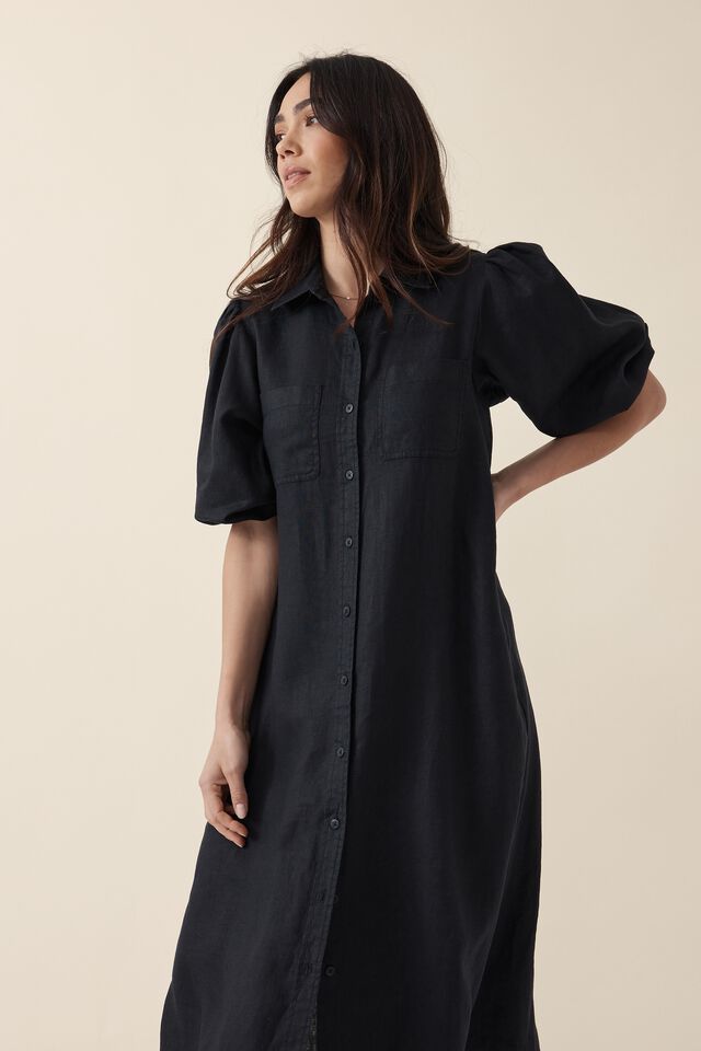 Puff Sleeve Midi Shirt Dress, BLACK LINEN