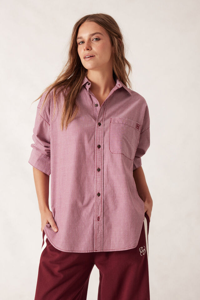 Peta Oversized Shirt, BURGUNDY WHITE NARROW STRIPE