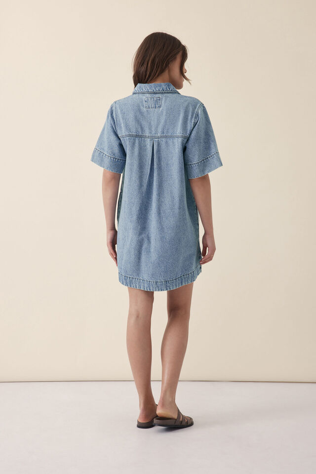 Short Sleeve Mini Shirt Dress, MID BLUE DENIM