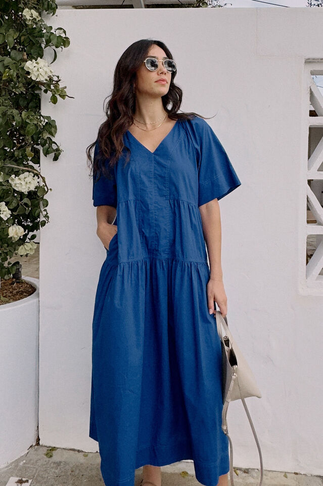 Tiered Poplin Midi Dress, FRESH COBALT