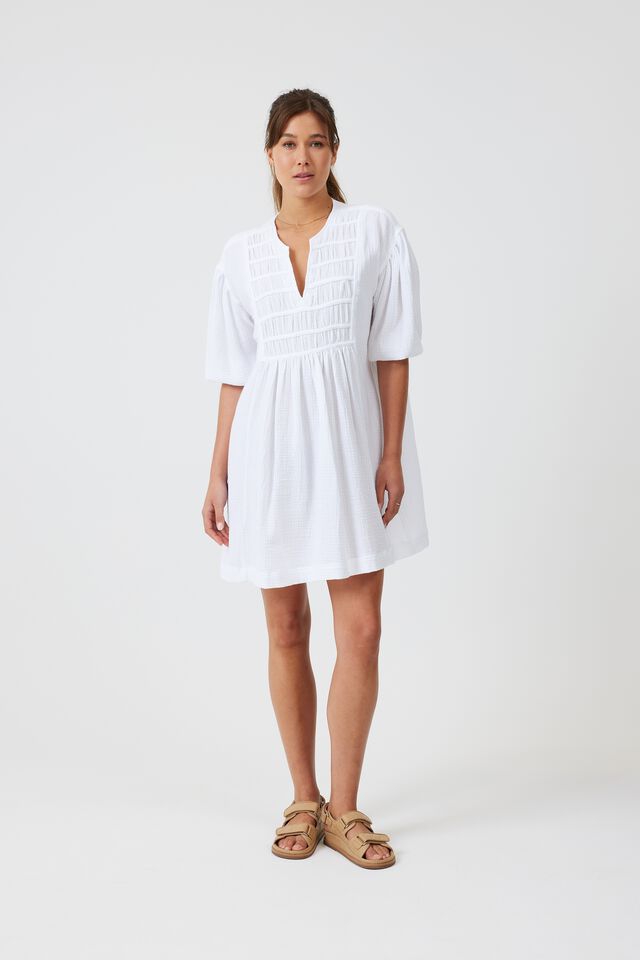 Doublecloth Gathered Yoke Dress In Organic Cotton, WHITE