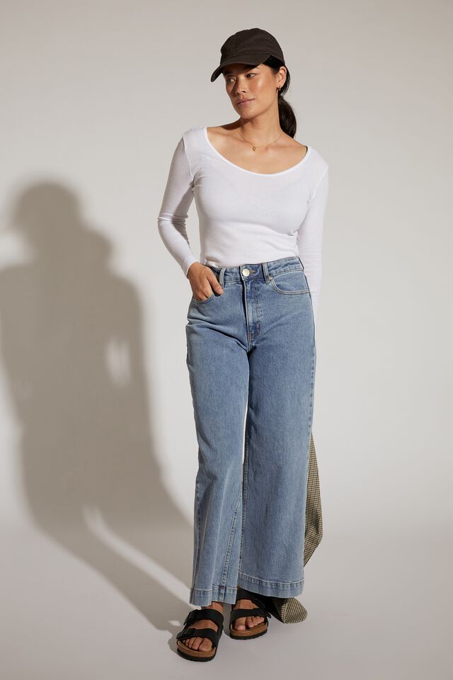 Super Soft Rib Scoop Neck Ls Tee, WHITE
