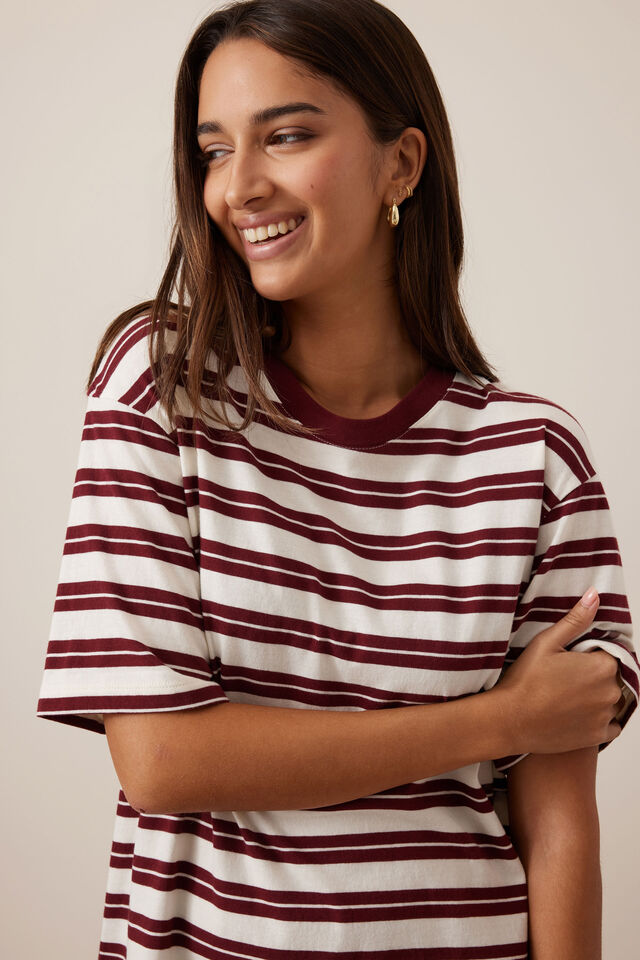 Lola Longline Step Hem Tee, BURGUNDY/MILK STRIPE