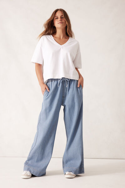 Andie Wide Leg Drawstring Pant, BLUE HERRINGBONE