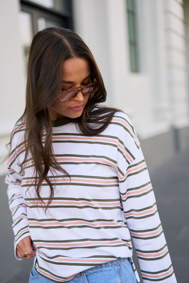 Scout Slouchy Long Sleeve  Tee, WHITE/WASHED OLIVE STRIPE