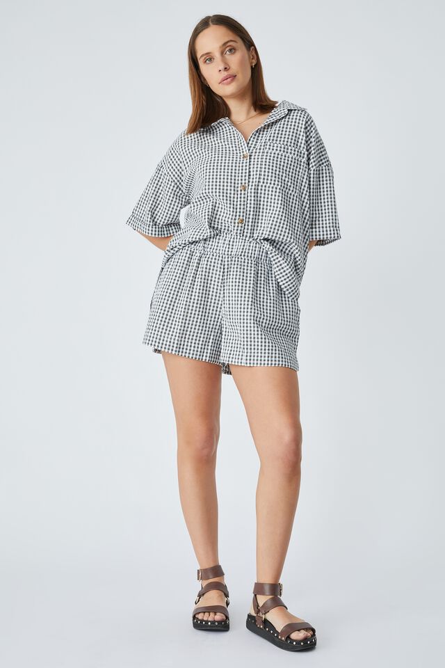 Relaxed Ruffle Short In Rescued Fabric, LEAD GINGHAM