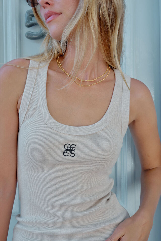 Zoe Contour Rib Scoop Tank, OATMEAL/BLACK MONOGRAM EMBROIDERY