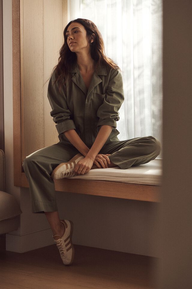 Relaxed Zip Jumpsuit, SOFT OLIVE RESCUED FABRIC