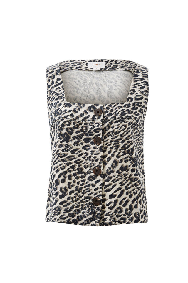 Square Neck Shell Top, LEOPARD LINEN BLEND