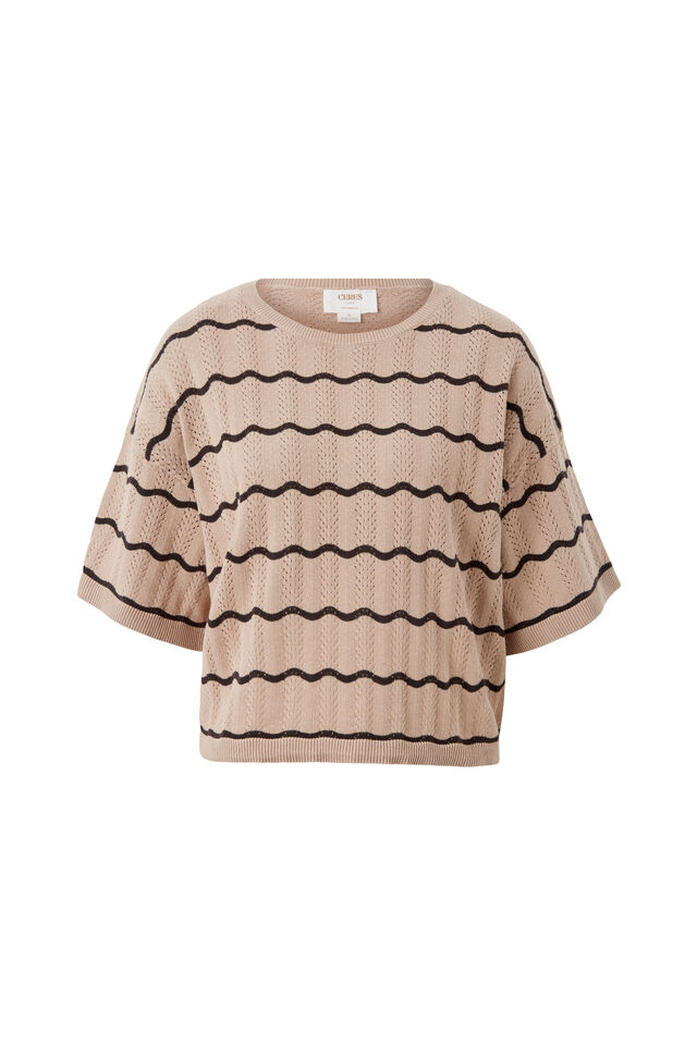 Short Sleeve Wavy Stripe Knit, STRING/PHANTOM STRIPE