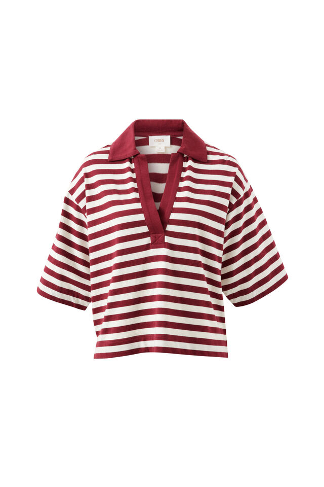 Arlie Short Sleeve Rugby, BURGUNDY/MILK STRIPE