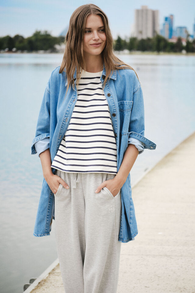 Maeve Longline Panelled Denim Shirt, MID VINTAGE BLUE