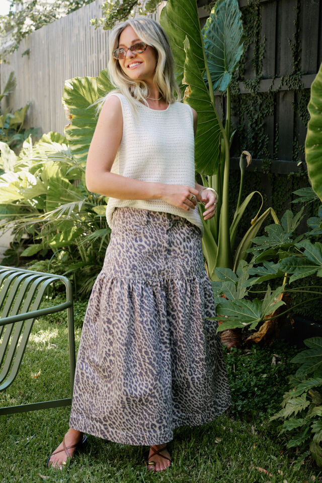 Drop Waist Denim Midi Skirt, LEOPARD