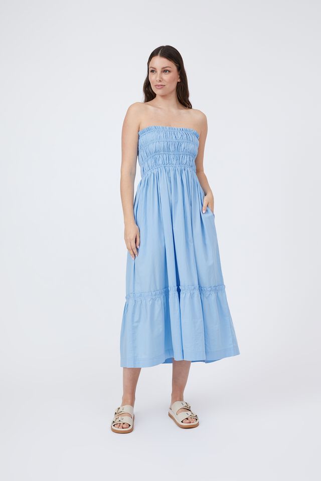 Shirred Strappy Dress In Organic Cotton Poplin, BLUE SKY