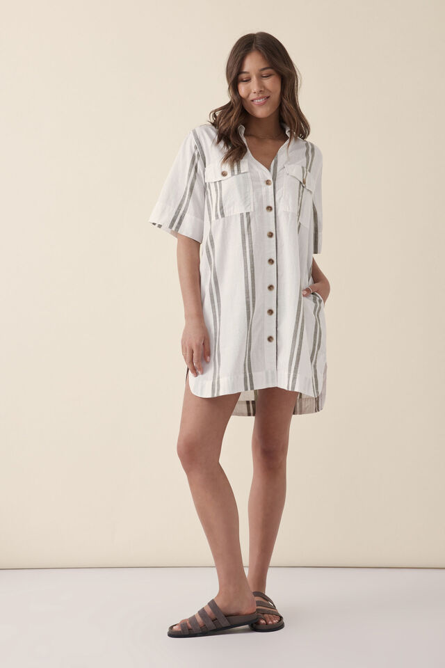 Boxy Shirt Dress, WHITE OLIVE STRIPE