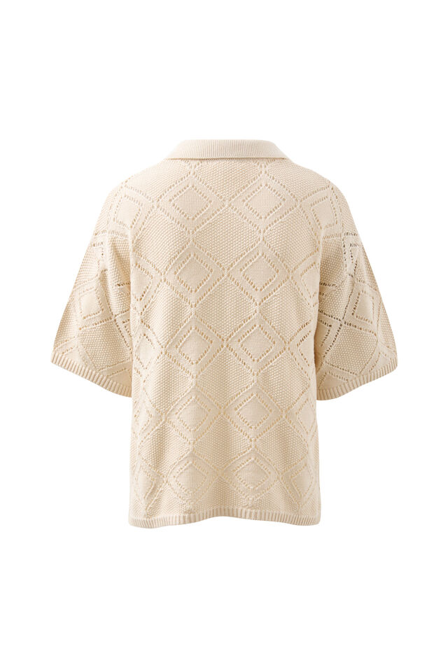 Demi Diamond Knit Collared Tee, ECRU