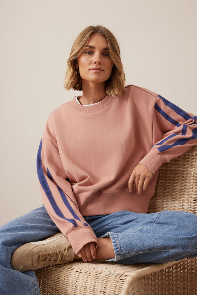 Sasha Sporty Slouchy Crew, PINK CLAY WASHED NAVY SIDE STRIPE