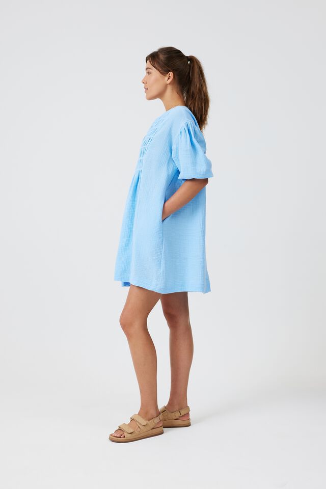 Doublecloth Gathered Yoke Dress In Organic Cotton, BLUE SKY