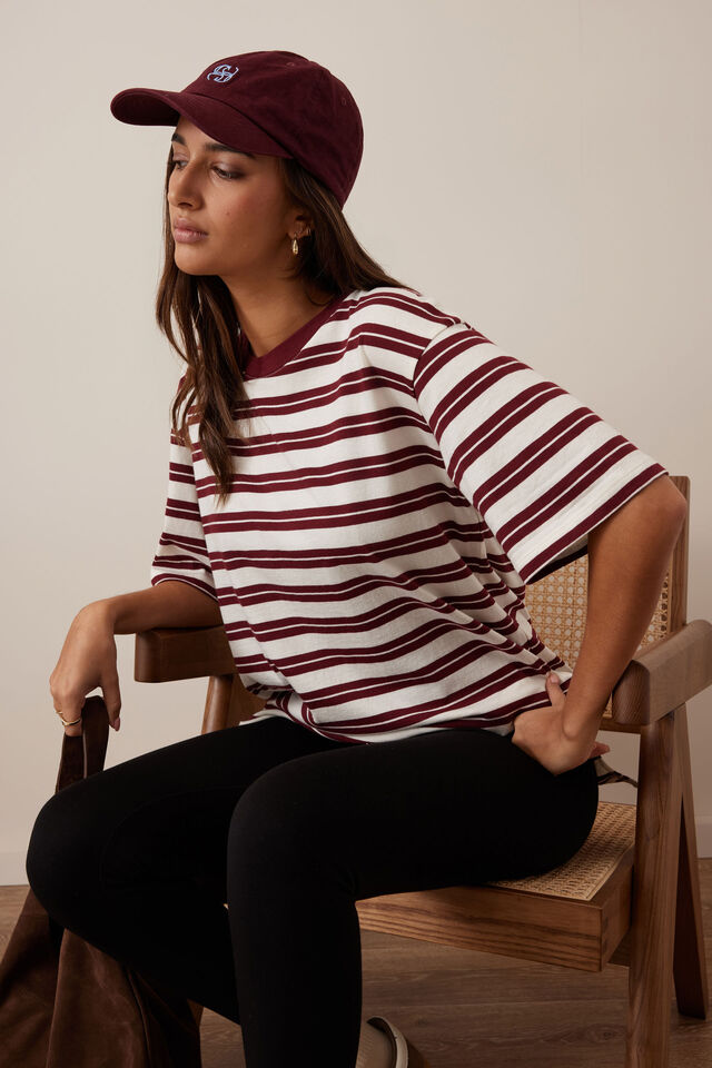 Lola Longline Step Hem Tee, BURGUNDY/MILK STRIPE