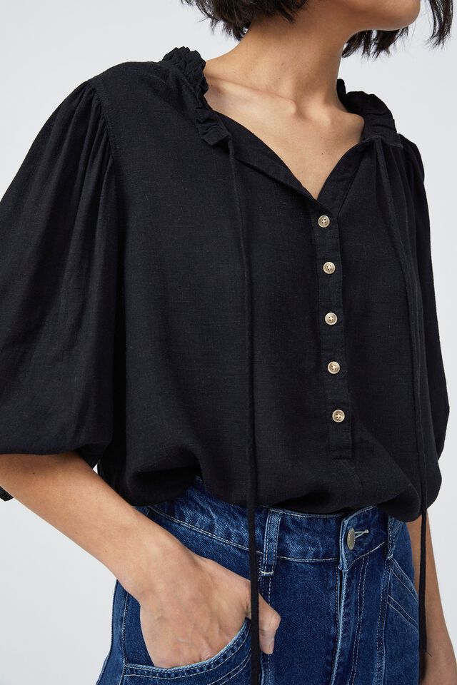 Ruffle Neck Tunic In Rescue Linen, BLACK