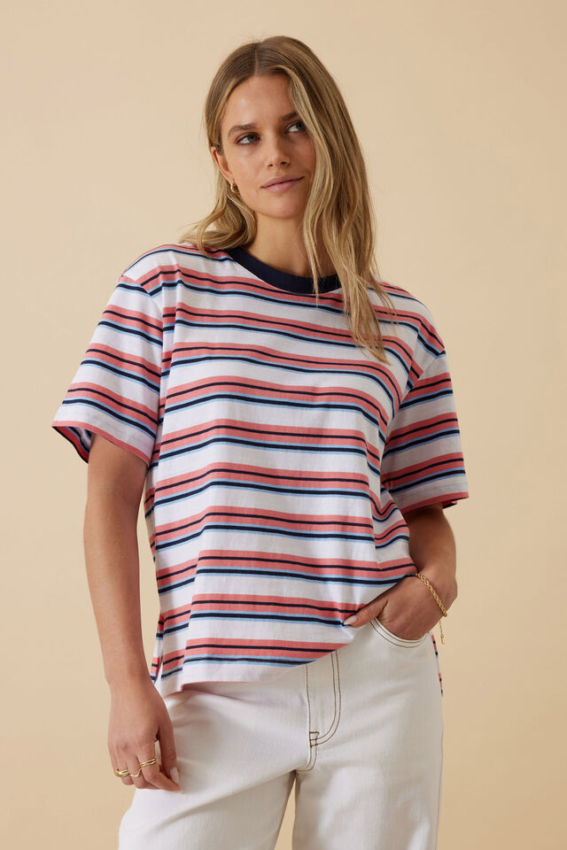 Stevie Slouchy Tee, WASHED CORAL/NEW NAVY STRIPE