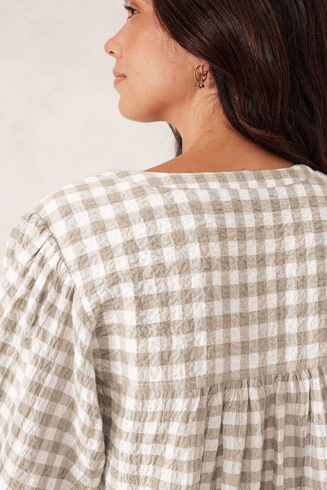 Crinkle Mini Dress, FIG GREEN WHITE GINGHAM
