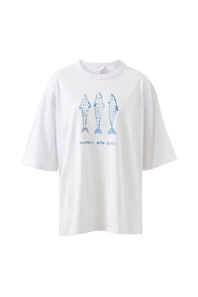 Liv Oversized Tee, WHITE/SUMMER FISH