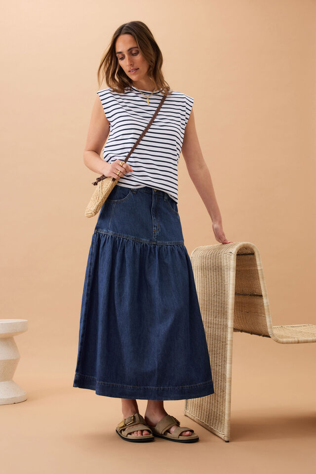 Drop Waist Denim Midi Skirt, CASPIAN BLUE