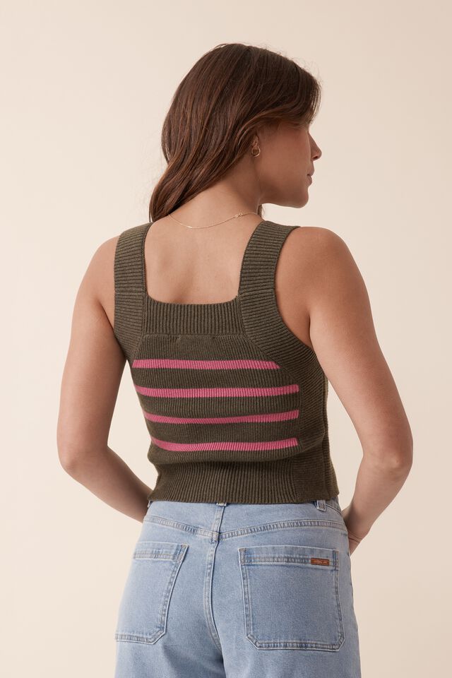 Jacqui Felgate Knitted Cami In Recycled Blend, MILITARY GREEN STRIPE