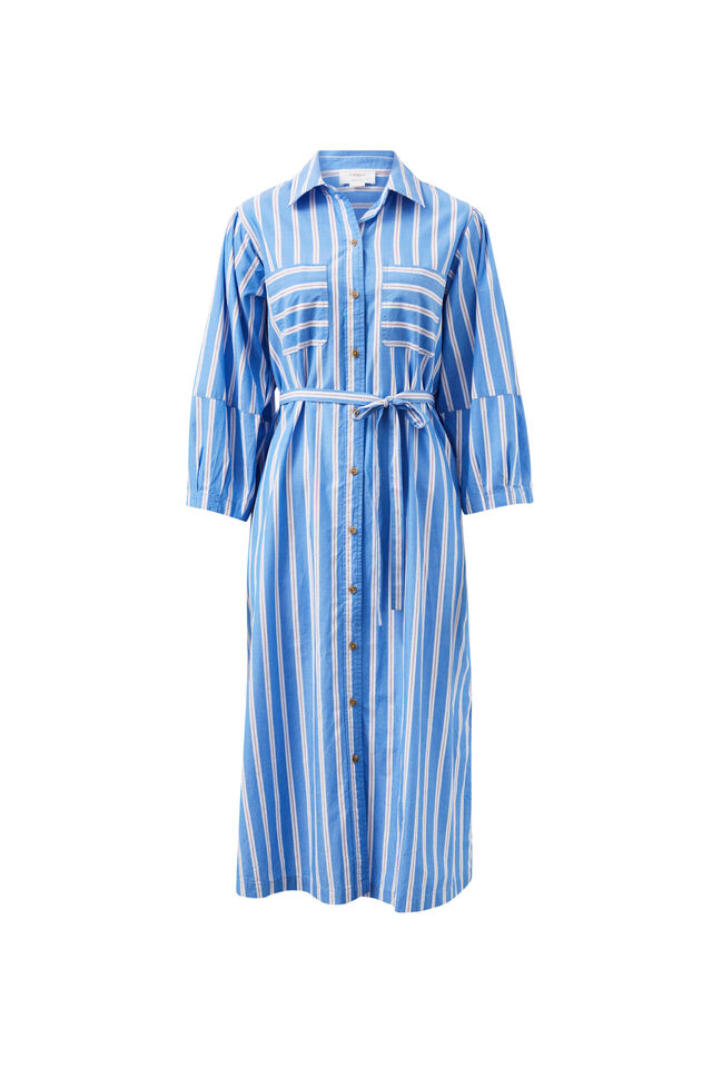 Midi Shirt Dress, BLUE WHITE RED STRIPE ORGANIC COTTON