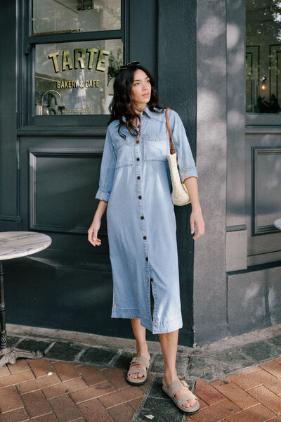 Long Sleeve Yoke Detail Midi Dress, MID BLUE WASH