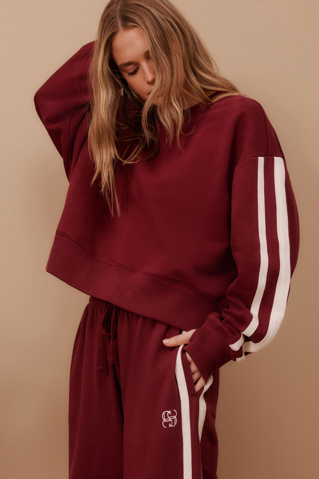 Sasha Sporty Slouchy Crew, BURGUNDY SIDE STRIPE