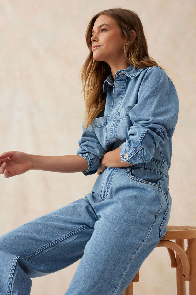 Long Sleeve Soft Denim Jumpsuit, VINTAGE BLUE