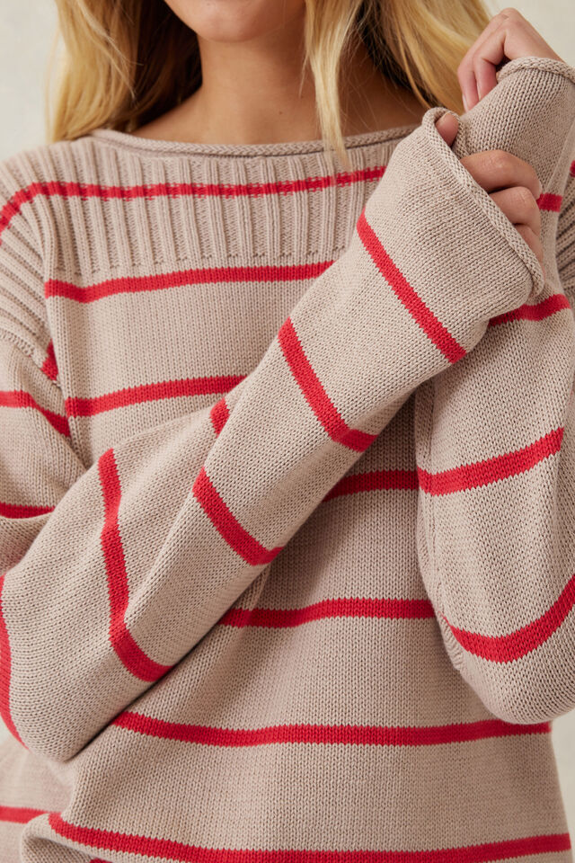 Ladder Stitch Knit, STRING/HERITAGE RED STRIPE