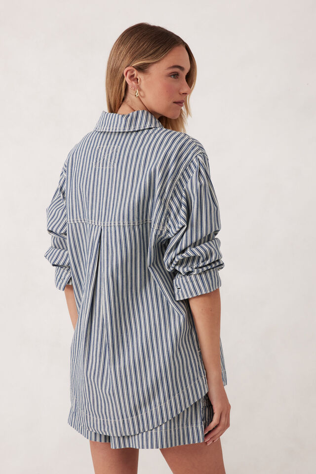 Curved Hem Shacket, LAGOON BLUE STRIPE