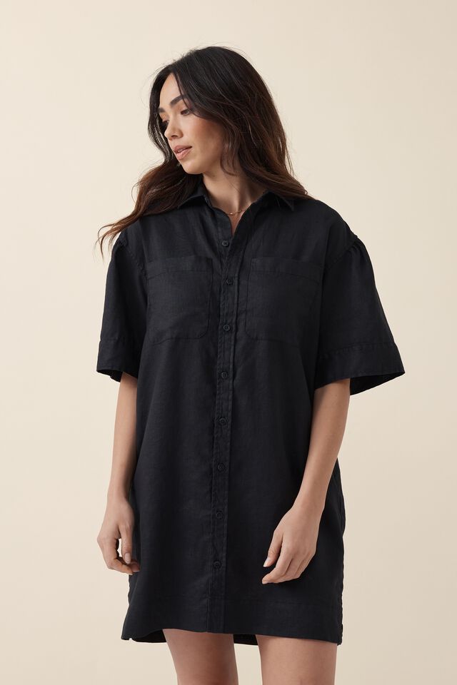 Linen Mini Shirt Dress, BLACK