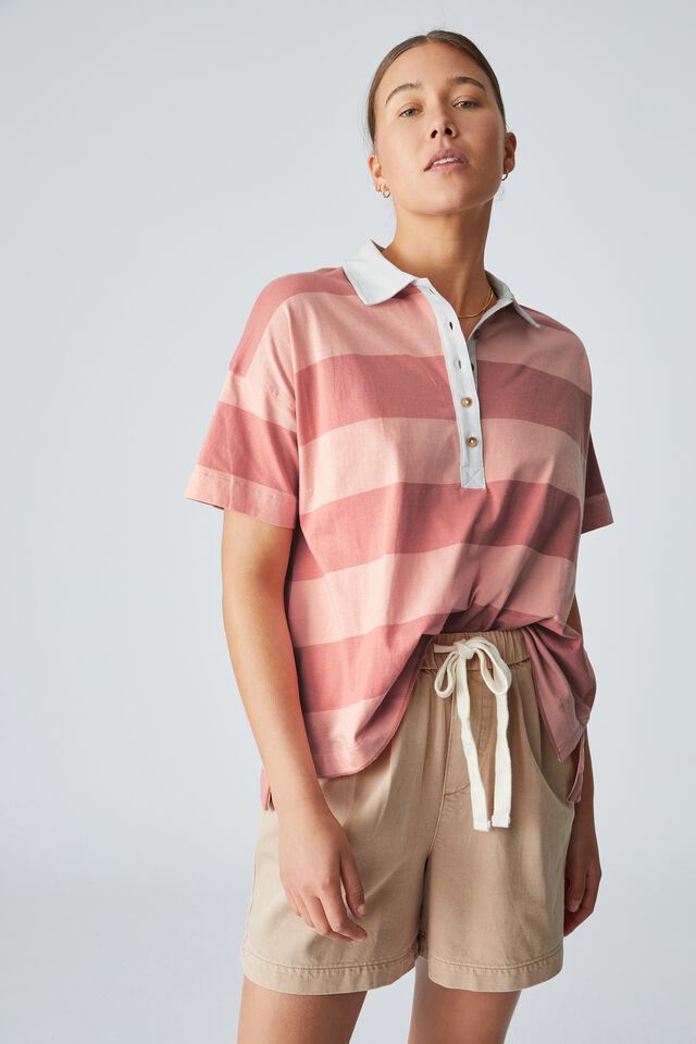 Organic Polo Top, MELON SPICED PINK WIDE STRIPE
