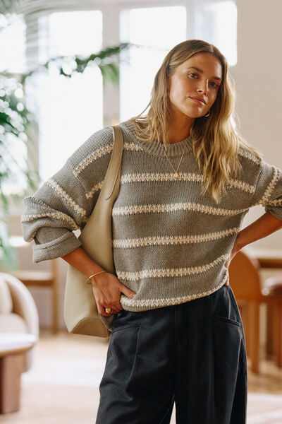 Lila Oversized Knit Crew, GREY MARLE STRIPE