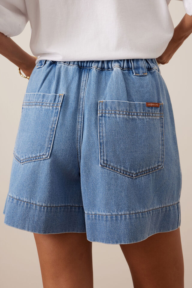 Billie Pleat Front Short, MID BLUE WASH