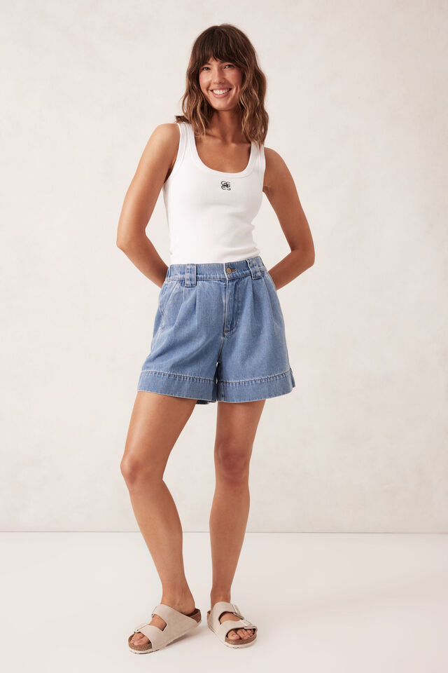 Billie Pleat Front Short, MID BLUE WASH