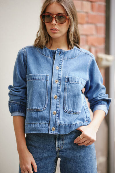 Collarless Denim Jacket, FRESH INDIGO