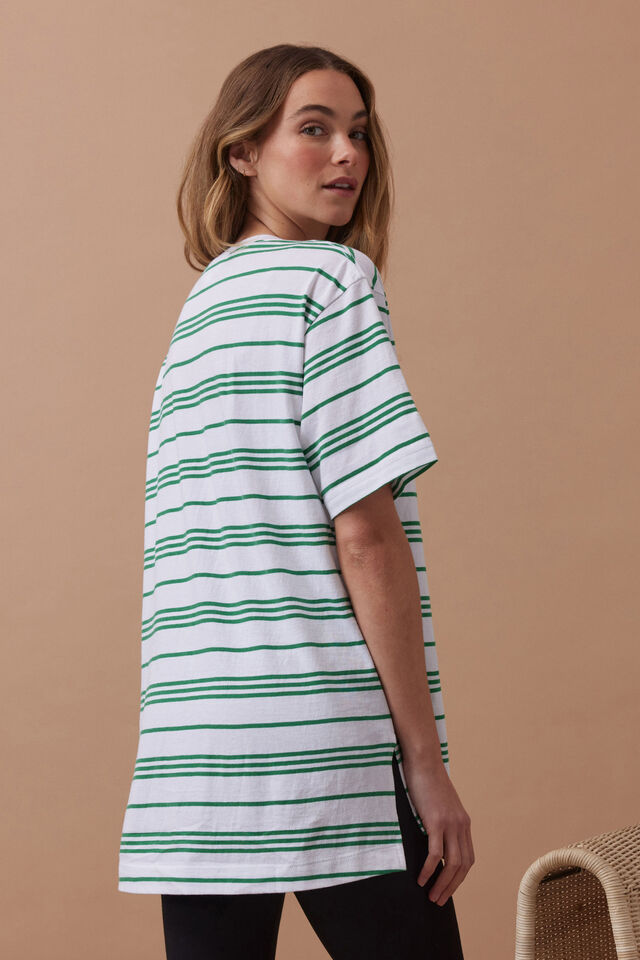 Lola Longline Step Hem Tee, KELLY GREEN STRIPE