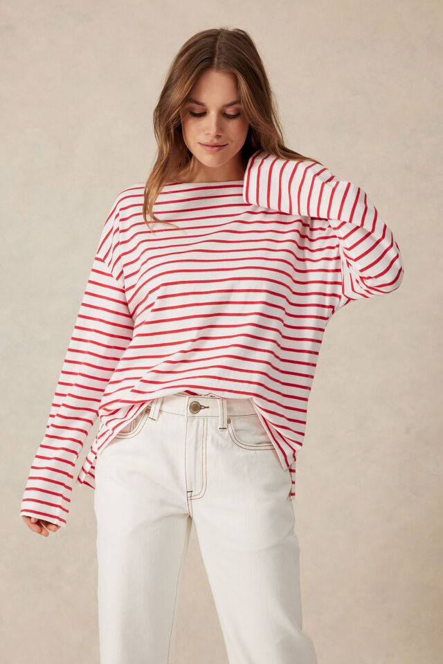 Slouchy Long Sleeve Boat Neck Tee, HERITAGE RED STRIPE