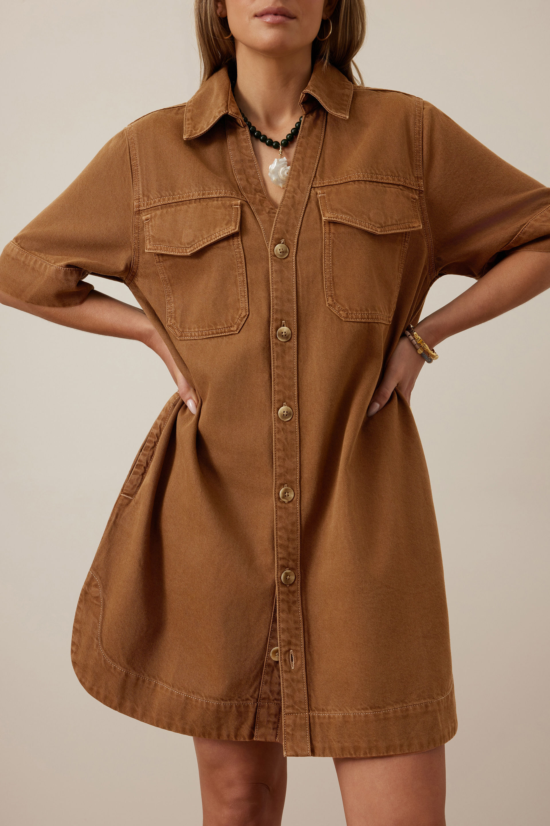 L'Or Waist tuck shirt dress カーキブラウン L'Or Waist tuck shirt dress カーキブラウン L'Or Waist tuck shirt